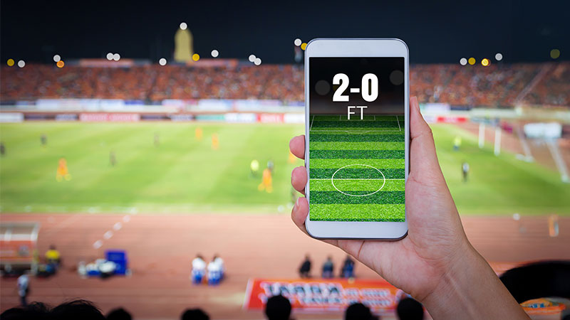 Pessoa segura um telemóvel com a imagem de uma plataforma de apostas desportivas. De fundo, vê-se a imagem do relvado de um estádio de futebol